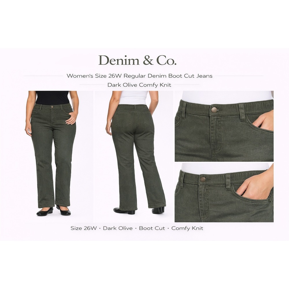 Denim & Co Womens 26W Regular Comfy Knit Boot Cut‎ Jeans Dark Olive A220699